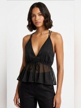 Express Black Sheer Peplum Camisole with Subtle Metallic Stripes
